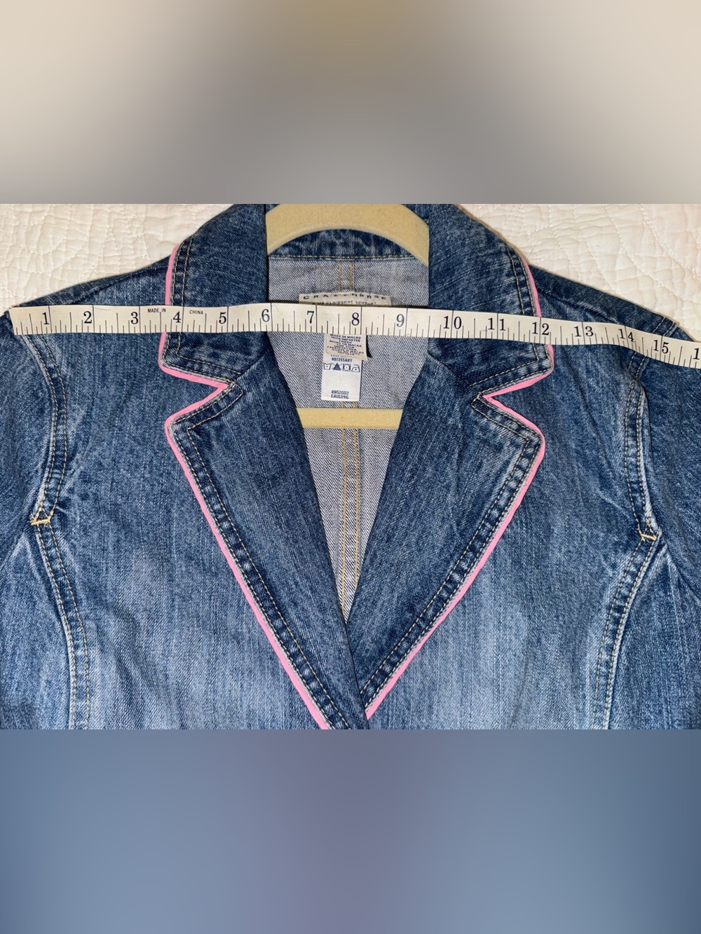 Crazy Horse Denim Blazer Jean Jacket Pink Trim Button Front Medium Y2K - Picture 9 of 10